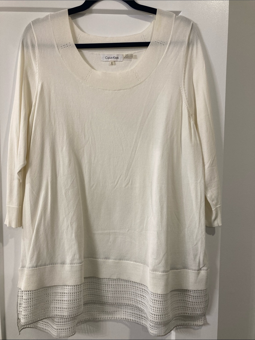 Calvin Klein Cream Scoop Neck Knit Tunic Top with Mesh Hem
